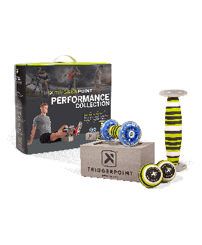 TriggerPoint Performance Kit collection of foot roller, yoga block, and foam ball roller with package