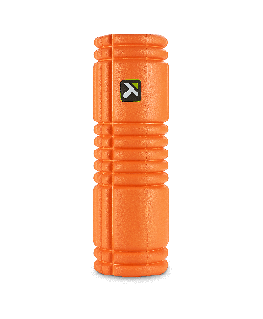 TriggerPoint GRID Vibe Plus foam roller in orange standing upright with logo